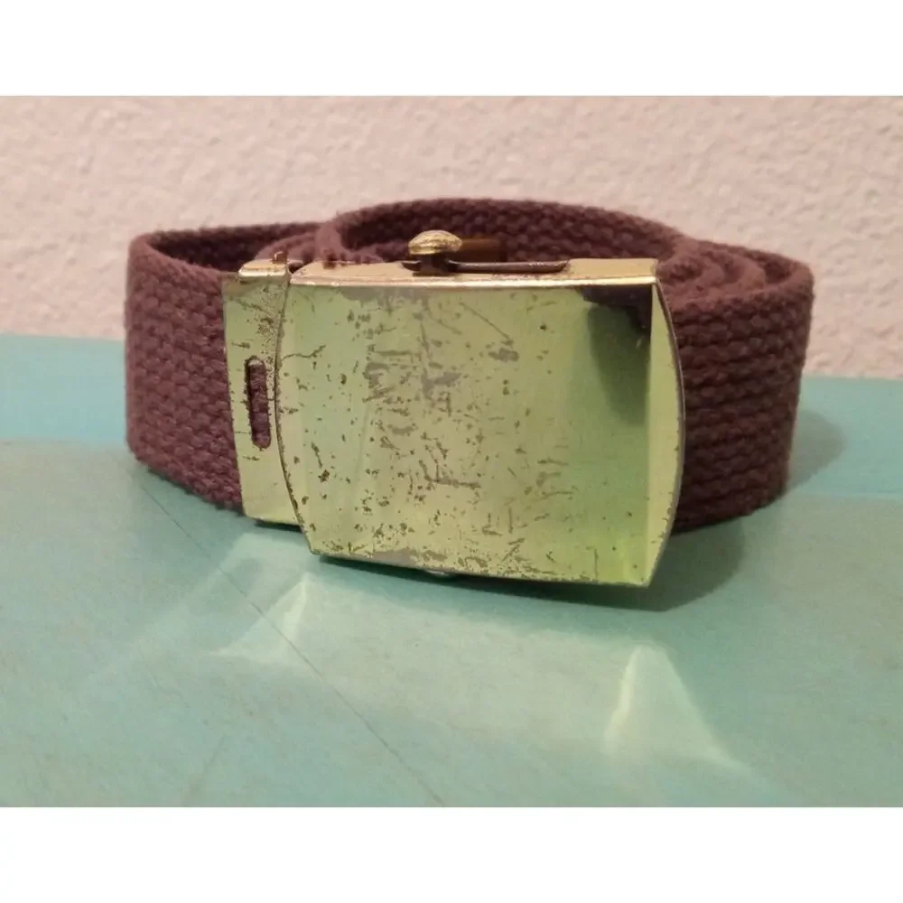 Vintage Faded Blue Brown Men's Canvas Web Belt Gold Buckle Adjustable Retro 37